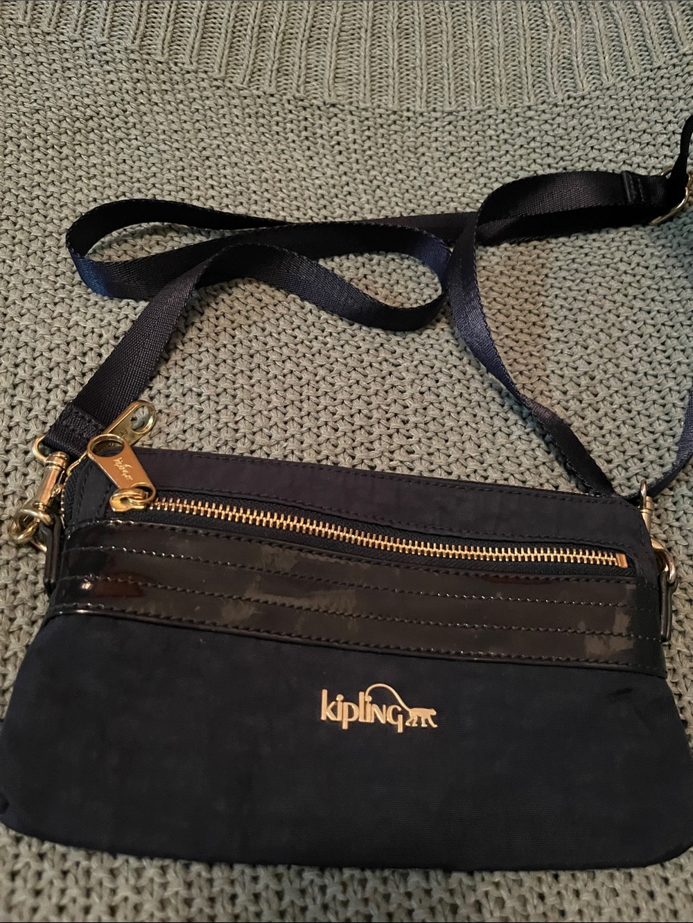 Kipling Navy Crossbody with Gold Hardware and Patent Trim